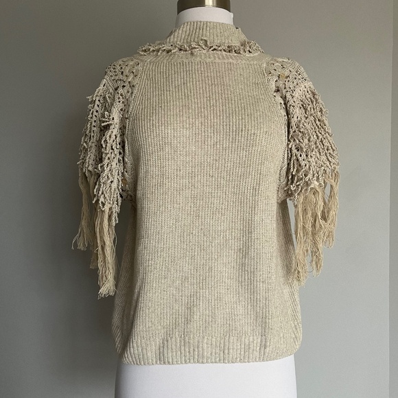 Anthropologie Aphrodite Fringe Embellished Embroidered Open Back Tee Top Sweater - Picture 10 of 11